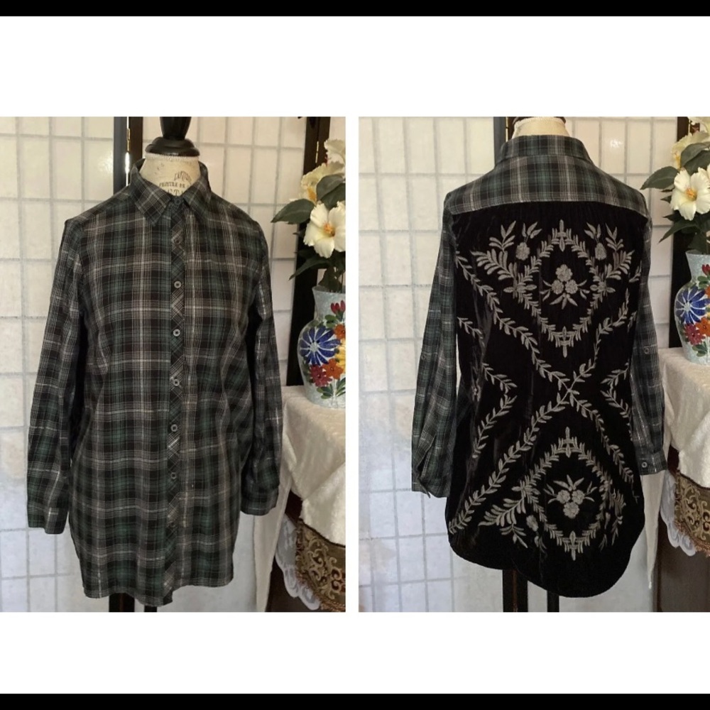 DEMOCRACY Women S Embroid’d Velvet & Plaid Flannel Mixed Media Tunic Top Blouse